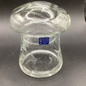 VTG Sickles‎ Hand Cut Glass Mushroom - Floral Etching- Clairsville, Oh-4.5" T